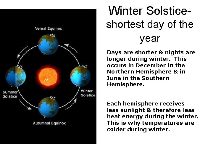 Winter Solsticeshortest day of the year Days are shorter & nights are longer during