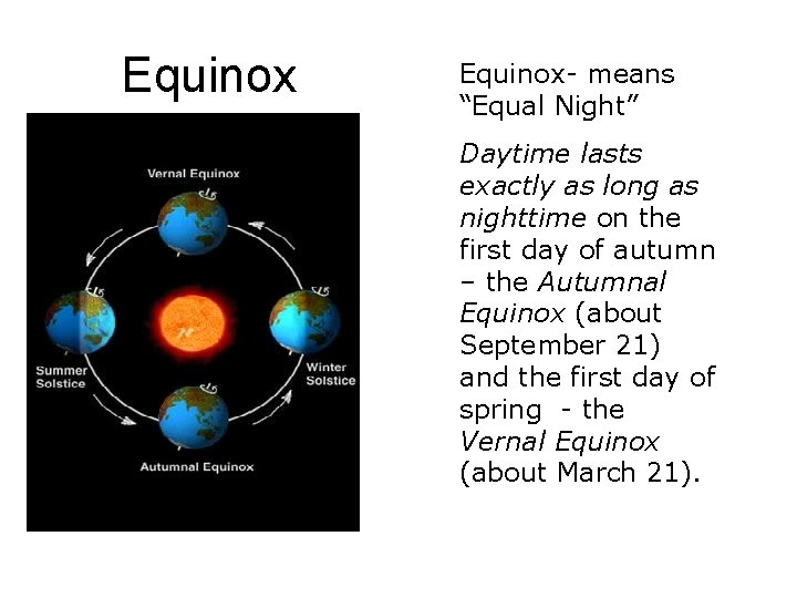 Equinox- means “Equal Night” Daytime lasts exactly as long as nighttime on the first