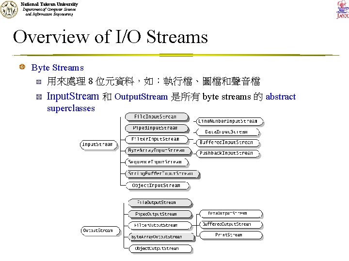 National Taiwan University Department of Computer Science and Information Engineering Overview of I/O Streams