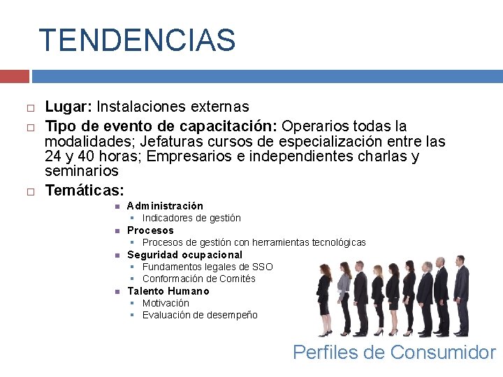 TENDENCIAS Lugar: Instalaciones externas Tipo de evento de capacitación: Operarios todas la modalidades; Jefaturas