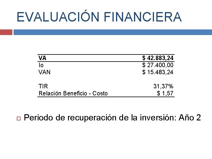 EVALUACIÓN FINANCIERA VA Io VAN TIR Relación Beneficio - Costo $ 42. 883, 24