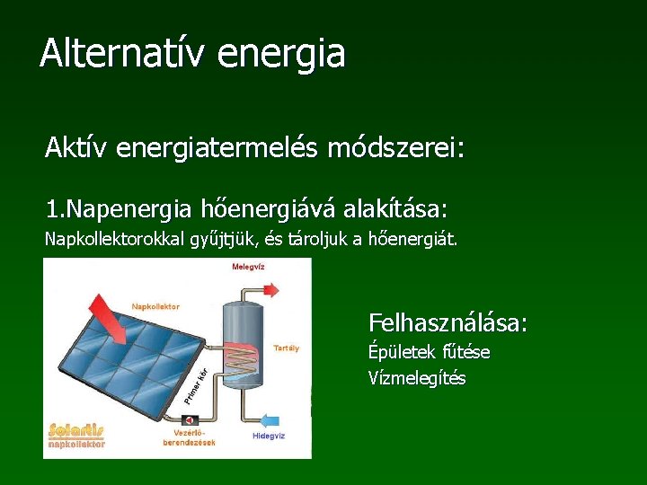 Alternatív energia Aktív energiatermelés módszerei: 1. Napenergia hőenergiává alakítása: Napkollektorokkal gyűjtjük, és tároljuk a