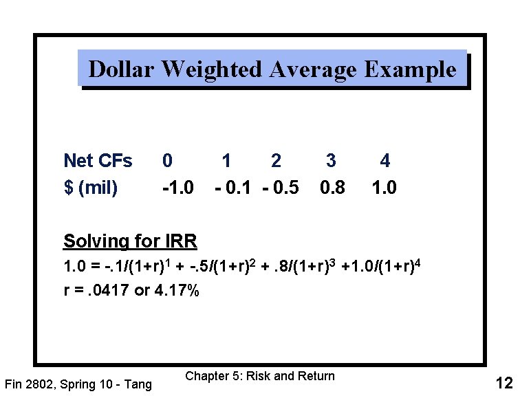 Dollar Weighted Average Example Net CFs $ (mil) 0 -1. 0 1 2 -