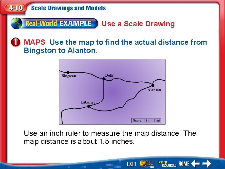 Use a Scale Drawing MAPS Use the map to find the actual distance from