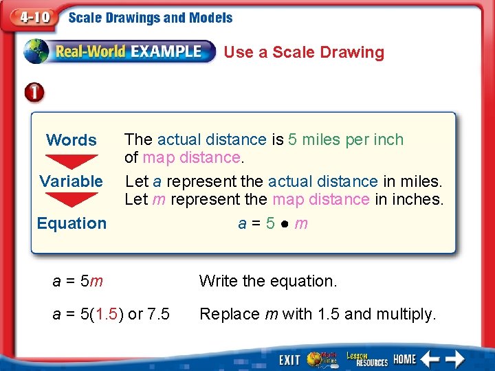 Use a Scale Drawing Words Variable Equation The actual distance is 5 miles per