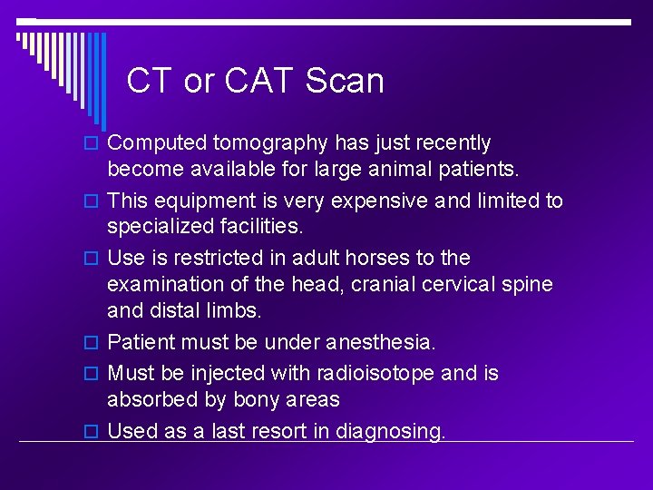 CT or CAT Scan Computed tomography has just recently become available for large animal