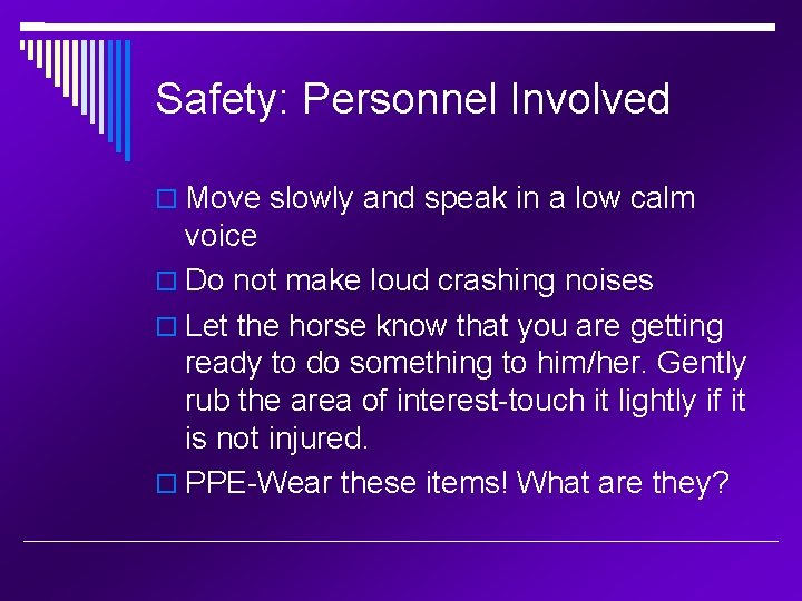 Safety: Personnel Involved Move slowly and speak in a low calm voice Do not