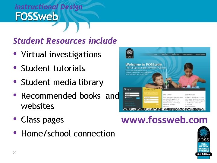 Instructional Design FOSSweb Student Resources include • • Virtual investigations • • Class pages Instructional Design FOSSweb Student Resources include • • Virtual investigations • • Class pages