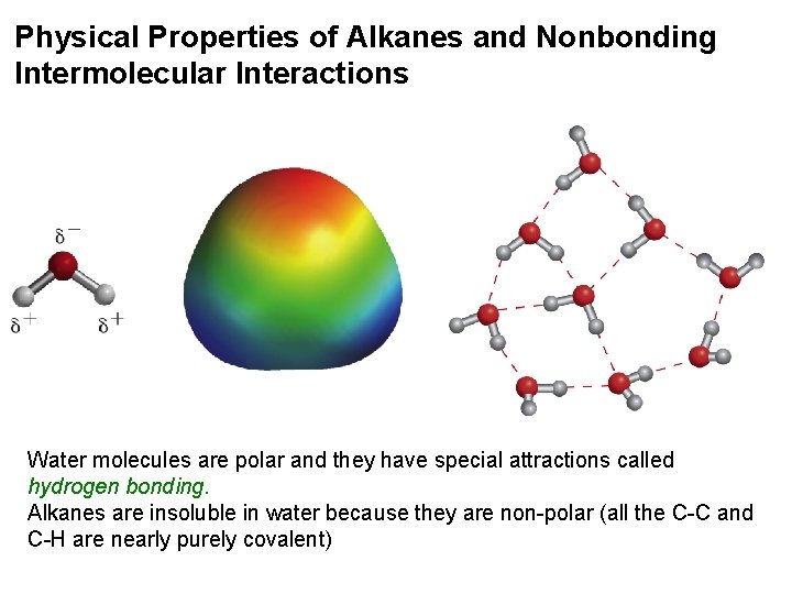 Physical Properties of Alkanes and Nonbonding Intermolecular Interactions Water molecules are polar and they