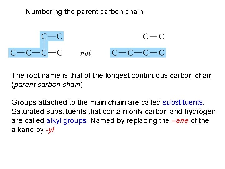 Numbering the parent carbon chain The root name is that of the longest continuous