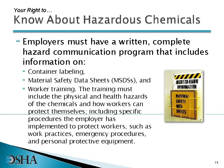 Your Right to… Employers must have a written, complete hazard communication program that includes