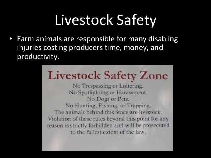 Livestock Safety • Farm animals are responsible for many disabling injuries costing producers time,