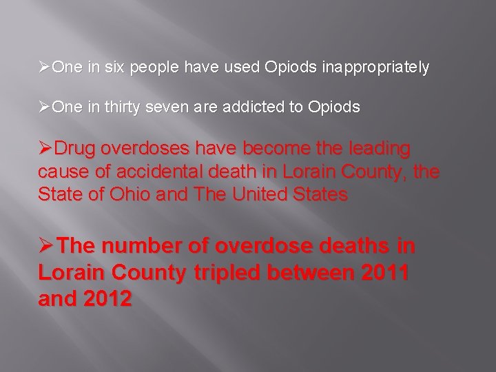 ØOne in six people have used Opiods inappropriately ØOne in thirty seven are addicted