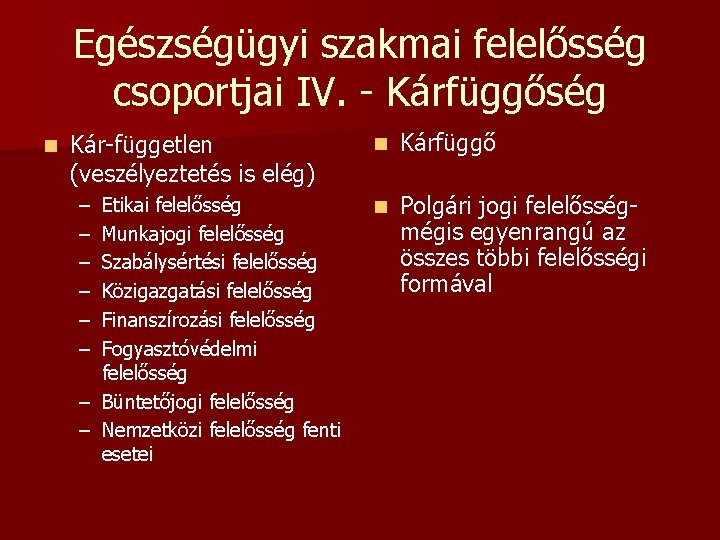 Egészségügyi szakmai felelősség csoportjai IV. - Kárfüggőség n Kár-független (veszélyeztetés is elég) – –