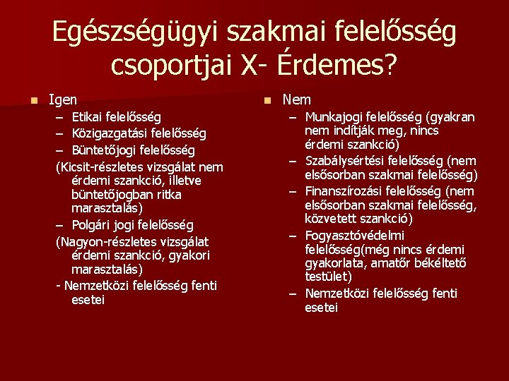 Egészségügyi szakmai felelősség csoportjai X- Érdemes? n Igen – Etikai felelősség – Közigazgatási felelősség