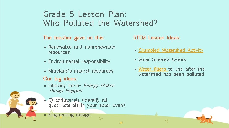 Grade 5 Lesson Plan: Who Polluted the Watershed? The teacher gave us this: STEM