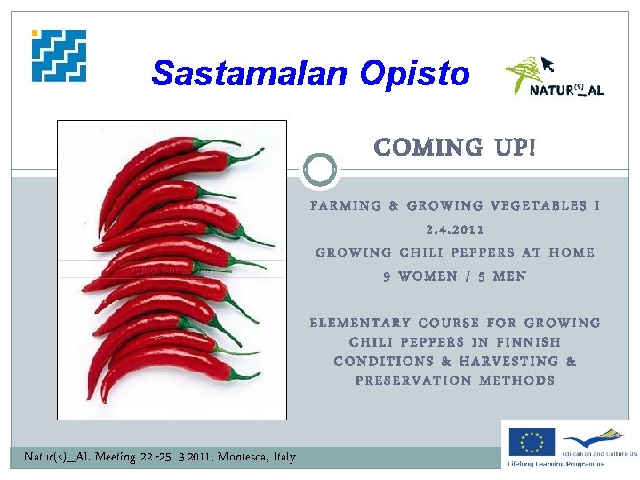 Sastamalan Opisto COMING UP! FARMING & GROWING VEGETABLES I 2. 4. 2011 GROWING CHILI