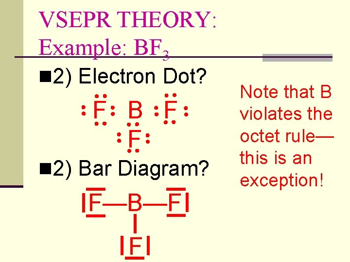 VSEPR THEORY: Example: BF 3 n 2) Electron Dot? F B F F n