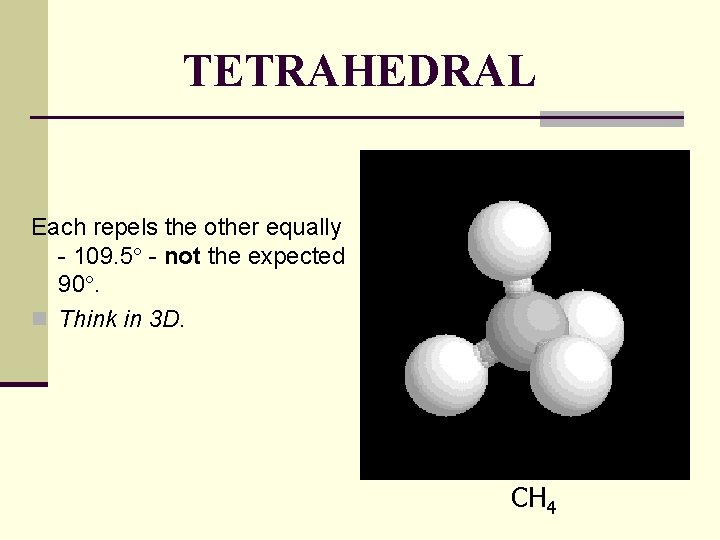 TETRAHEDRAL Each repels the other equally - 109. 5 - not the expected 90.