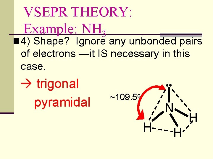 VSEPR THEORY: Example: NH 3 n 4) Shape? Ignore any unbonded pairs of electrons