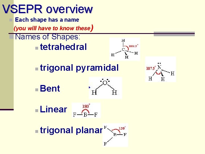 VSEPR overview n Each shape has a name (you will have to know these)