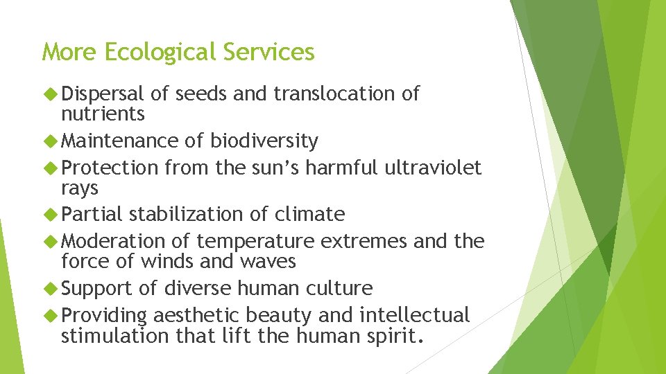 More Ecological Services Dispersal of seeds and translocation of nutrients Maintenance of biodiversity Protection