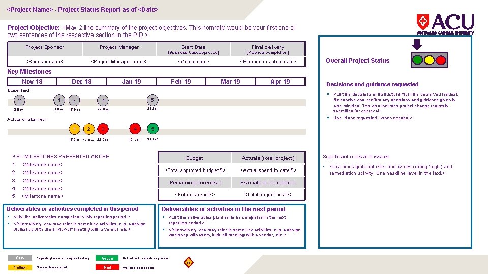 <Project Name> - Project Status Report as of <Date> Project Objective: <Max 2 line