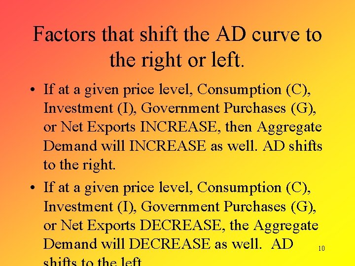 Factors that shift the AD curve to the right or left. • If at