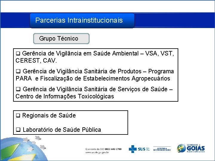 Parcerias Intrainstitucionais Parcerias Grupo Técnico q Gerência de Vigilância em Saúde Ambiental – VSA,