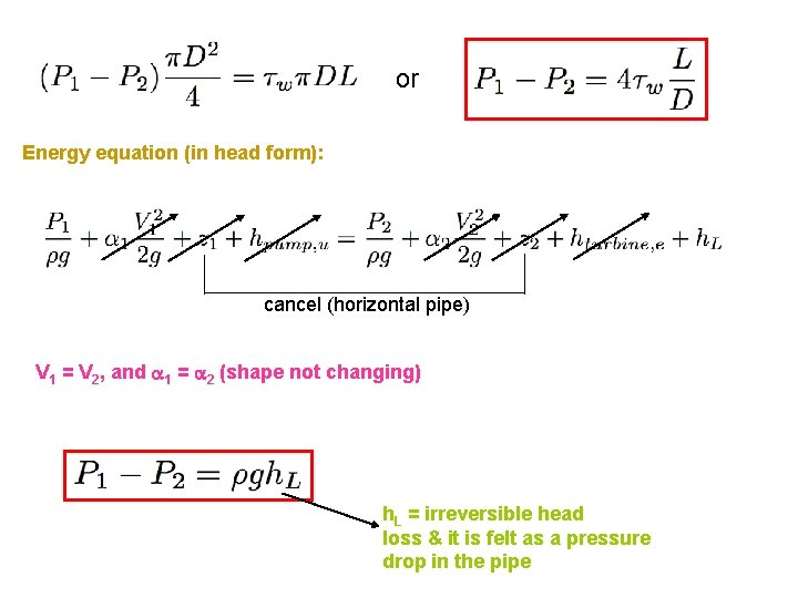 or Energy equation (in head form): cancel (horizontal pipe) V 1 = V 2,