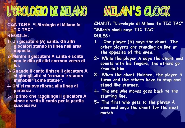 CANTARE: “L’ 0 rologio di Milano fa TIC TAC” REGOLE: 1 - Un giocatore