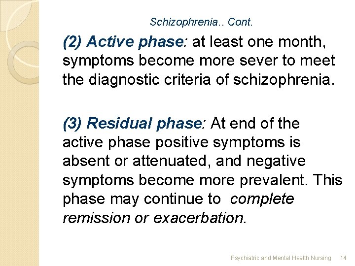 Schizophrenia. . Cont. (2) Active phase: at least one month, symptoms become more sever