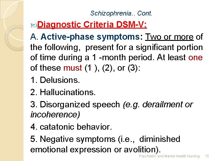Schizophrenia. . Cont. Diagnostic Criteria DSM-V: A. Active-phase symptoms: Two or more of the