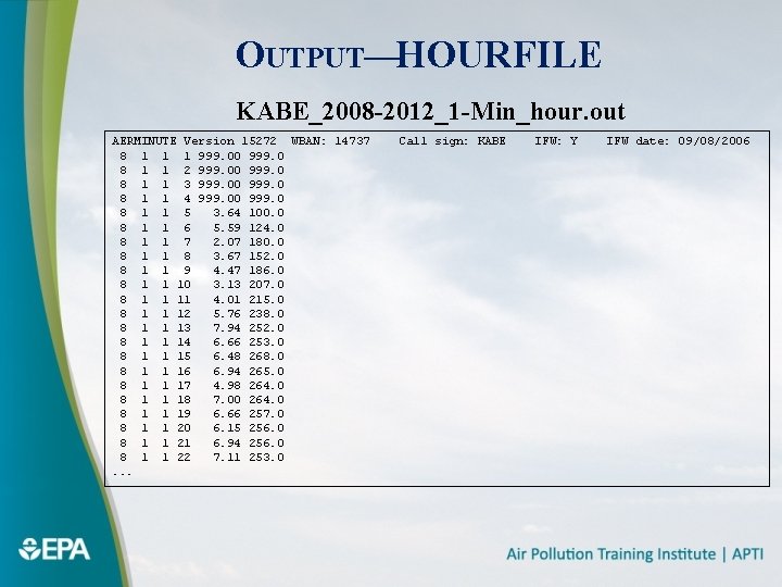 OUTPUT—HOURFILE KABE_2008 -2012_1 -Min_hour. out AERMINUTE Version 15272 WBAN: 14737 8 1 1 1
