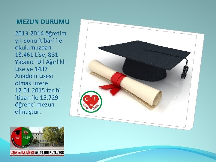 MEZUN DURUMU 2013 -2014 öğretim yılı sonu itibari ile okulumuzdan 13. 461 Lise, 831