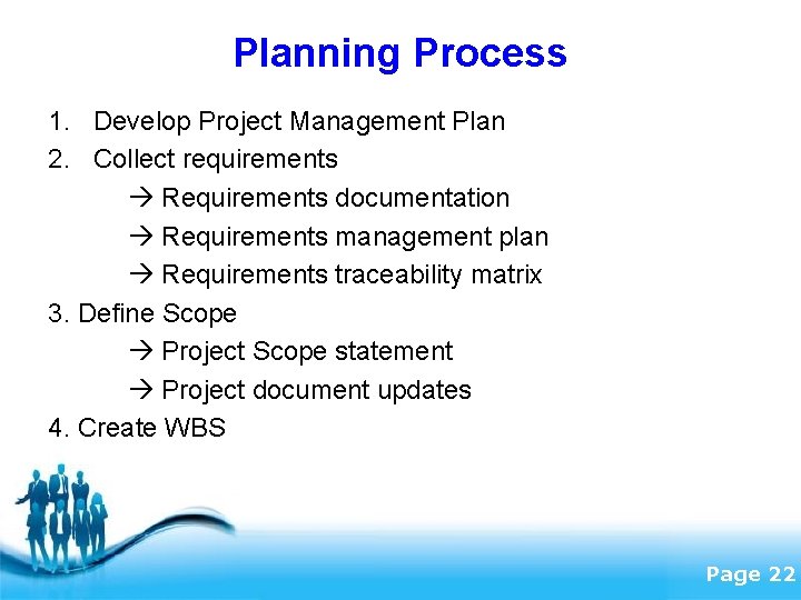 Planning Process 1. Develop Project Management Plan 2. Collect requirements Requirements documentation Requirements management