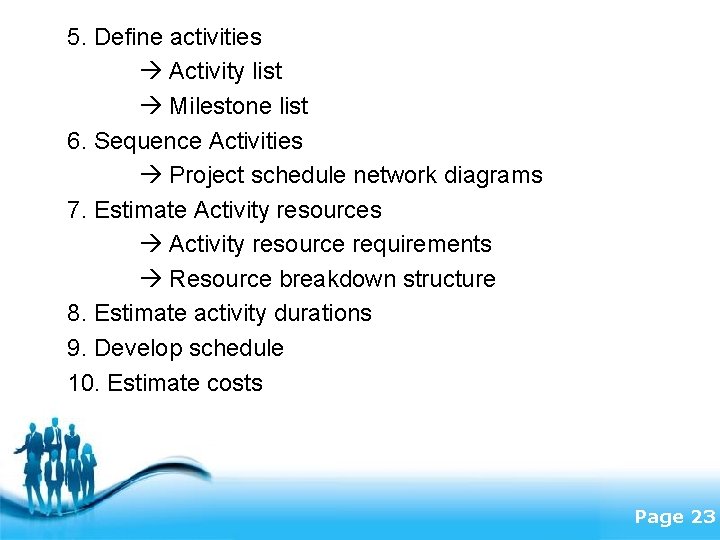 5. Define activities Activity list Milestone list 6. Sequence Activities Project schedule network diagrams