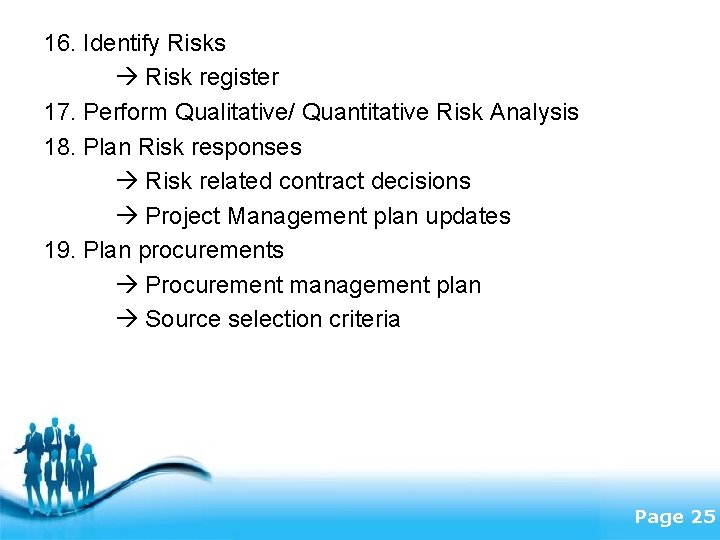 16. Identify Risks Risk register 17. Perform Qualitative/ Quantitative Risk Analysis 18. Plan Risk