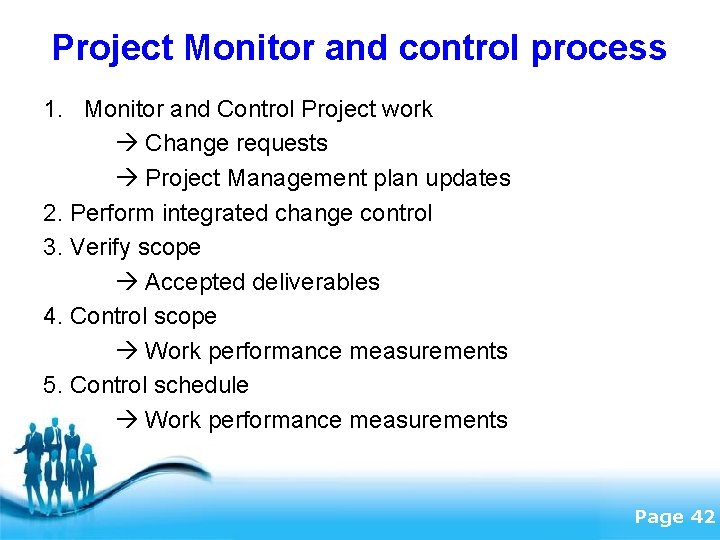 Project Monitor and control process 1. Monitor and Control Project work Change requests Project