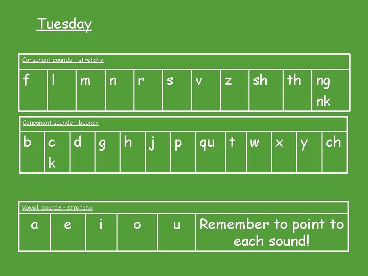 Tuesday Consonant sounds - stretchy f l m n r s v z sh