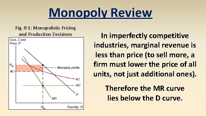 Monopoly Review Fig. 8 -1: Monopolistic Pricing and Production Decisions In imperfectly competitive industries,