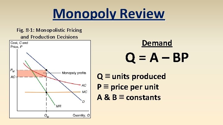 Monopoly Review Fig. 8 -1: Monopolistic Pricing and Production Decisions Demand Q = A