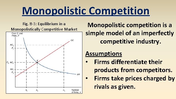 Monopolistic Competition Fig. 8 -3: Equilibrium in a Monopolistically Competitive Market Monopolistic competition is