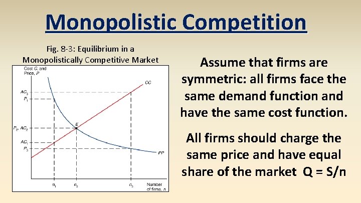 Monopolistic Competition Fig. 8 -3: Equilibrium in a Monopolistically Competitive Market Assume that firms