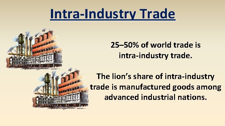 Intra-Industry Trade 25– 50% of world trade is intra-industry trade. The lion’s share of