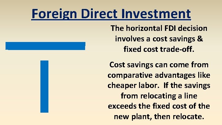 Foreign Direct Investment The horizontal FDI decision involves a cost savings & fixed cost