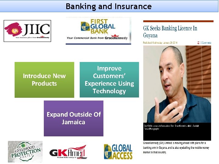 Banking and Insurance Introduce New Products Improve Customers’ Experience Using Technology Expand Outside Of Banking and Insurance Introduce New Products Improve Customers’ Experience Using Technology Expand Outside Of