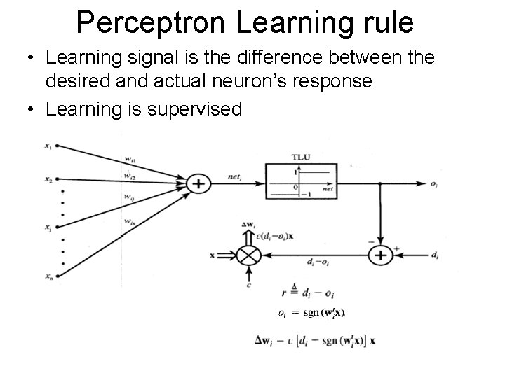 Perceptron Learning rule • Learning signal is the difference between the desired and actual Perceptron Learning rule • Learning signal is the difference between the desired and actual