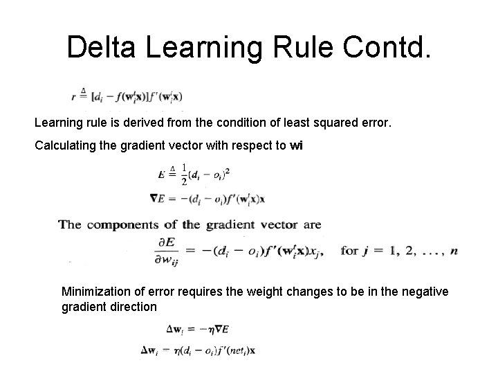 Delta Learning Rule Contd. Learning rule is derived from the condition of least squared Delta Learning Rule Contd. Learning rule is derived from the condition of least squared