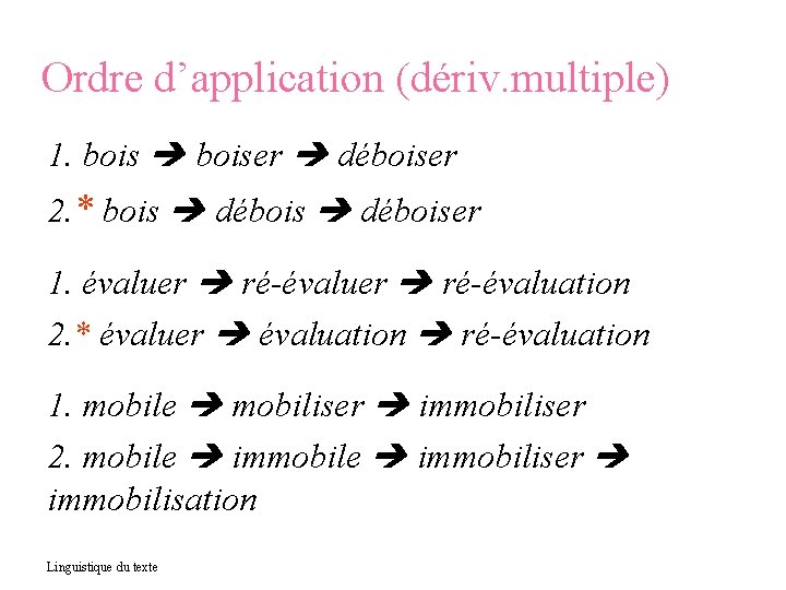 Ordre d’application (dériv. multiple) 1. boiser déboiser 2. * bois déboiser 1. évaluer ré-évaluation